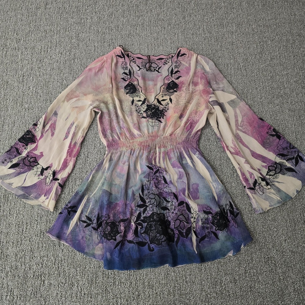 Mushka by Sienna Rose Sheer Floral Embroidered Tunic Top Boho Fairycore Romantic